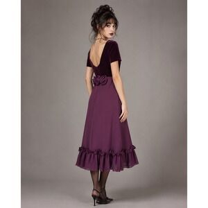Plum Velvet 80s Midi Dress Vintage Dark Romantic Rosette Ruffle Hem Goth Formal